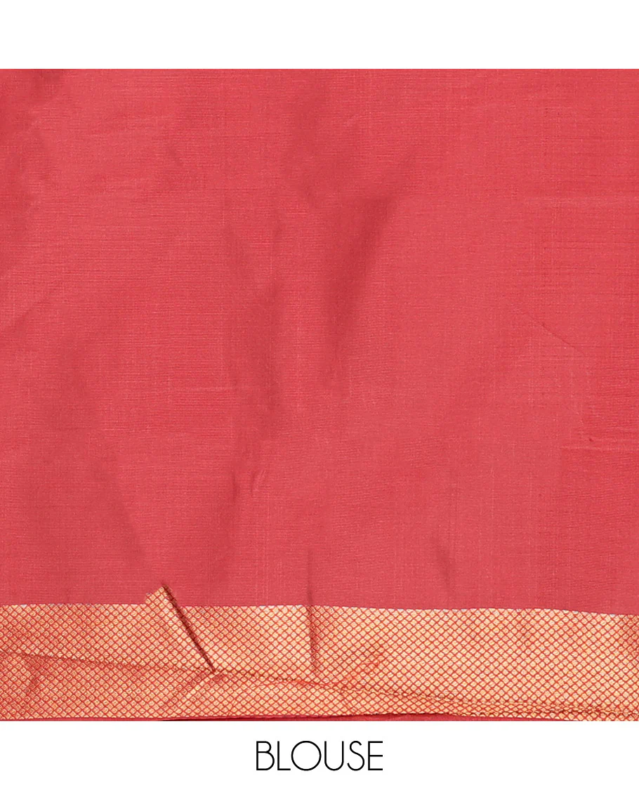 Cream and Red Semi-Soft Silk Saree Embellished with Polka Dot Buttas All Over Its Body, Complemented by a Contrast Jaal Design Border, Pallu of Geometric Patterns, and Paired with a Contrast Blouse - Image 3