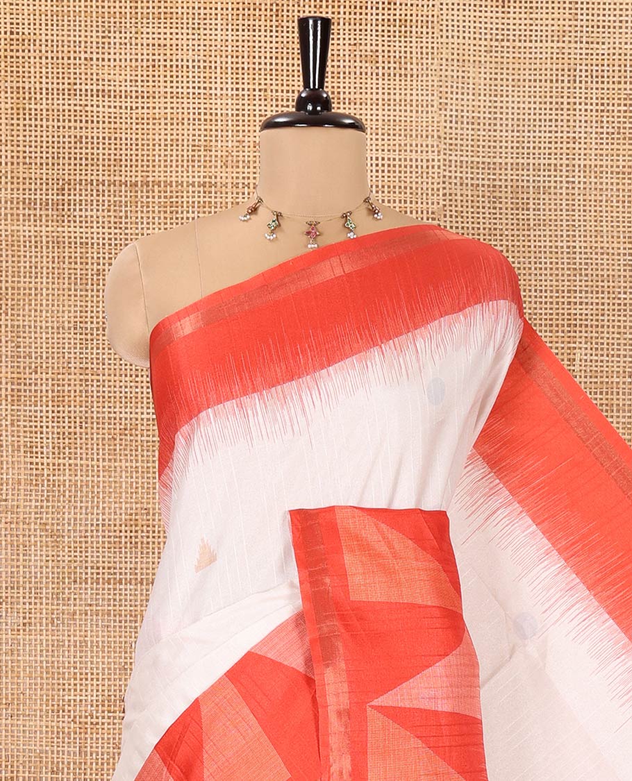 Cream and Red Semi-Tussar Saree, Subtly Sparkled with Stripes, Temple Motifs, and Circle Motifs on Its Body, Complemented by a Contrast Border, and Pallu of Geometric Print, and Paired with a Contrast Blouse - Image 2