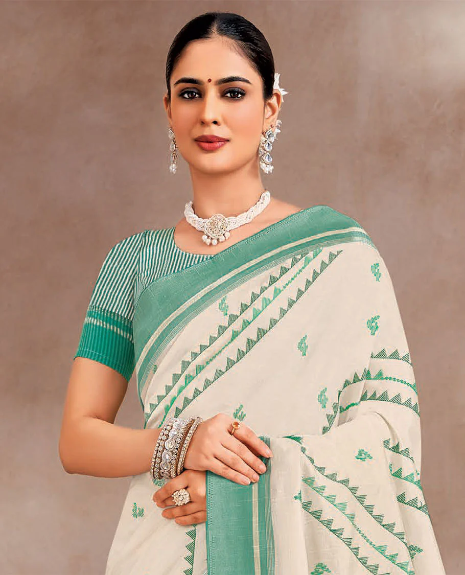 Cream and turquoise peacock and temple motifs designer saree, contrast plain border, and striped pallu - Image 2