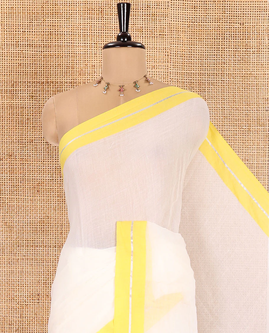 Cream and Yellow Plain Khadi Mul Cotton Saree, Complemented by Contrast Horizontal Striped Border, Plain Pallu, and Paired with a Matching Blouse - Image 2