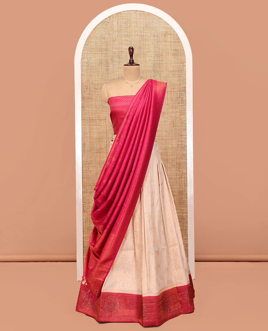 Cream Art Silk Half Saree, Subtly Sparkled with Jacquard Skirt, Contrast Traditional Stone-Work Border, a Jacquard Blouse, and Banaras Jacquard Dhavani - Image 3