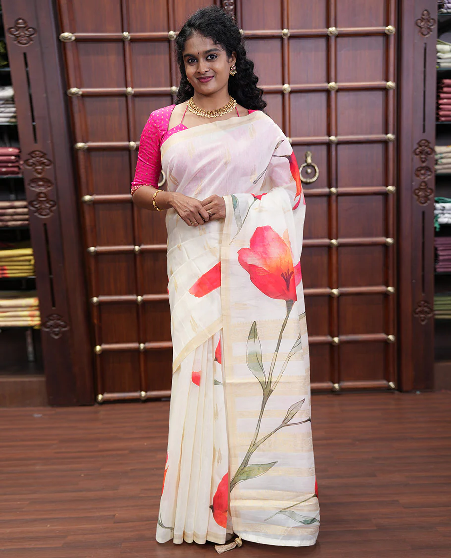 Cream Banaras Tissue Saree, Adorned with Floral Motifs Print and Zari Buttas on Its Body, Subtly Bordered, Pallu Pictures Floral Prints, and Paired with a Matching Printed Blouse - Image 2
