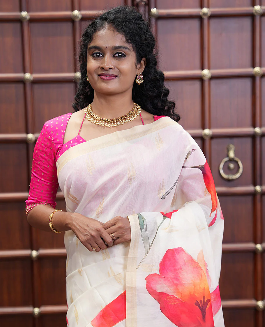 Cream Banaras Tissue Saree, Adorned with Floral Motifs Print and Zari Buttas on Its Body, Subtly Bordered, Pallu Pictures Floral Prints, and Paired with a Matching Printed Blouse - Image 3
