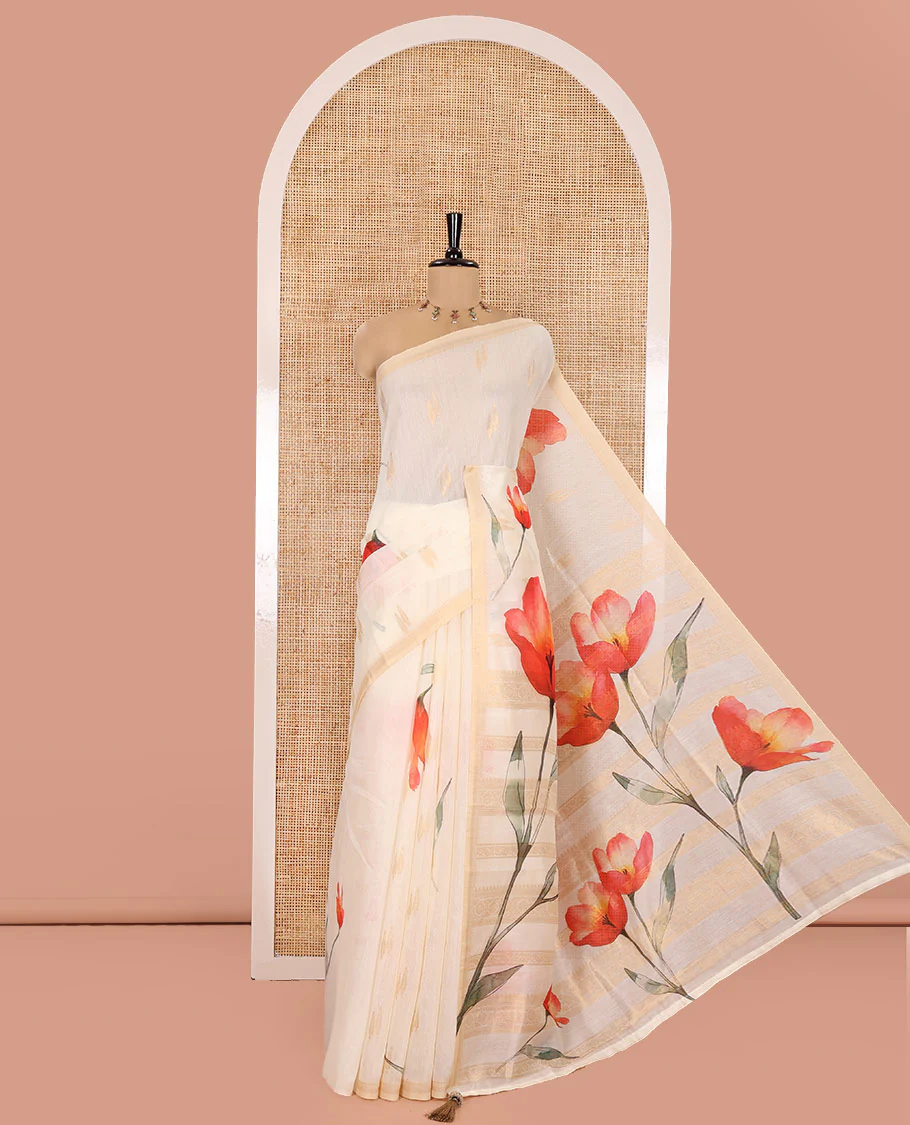 Cream Banaras Tissue Saree, Adorned with Floral Motifs Print and Zari Buttas on Its Body, Subtly Bordered, Pallu Pictures Floral Prints, and Paired with a Matching Printed Blouse - Image 5
