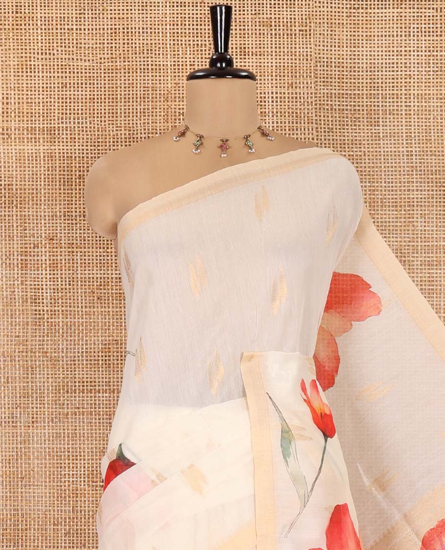 Cream Banaras Tissue Saree, Adorned with Floral Motifs Print and Zari Buttas on Its Body, Subtly Bordered, Pallu Pictures Floral Prints, and Paired with a Matching Printed Blouse - Image 6