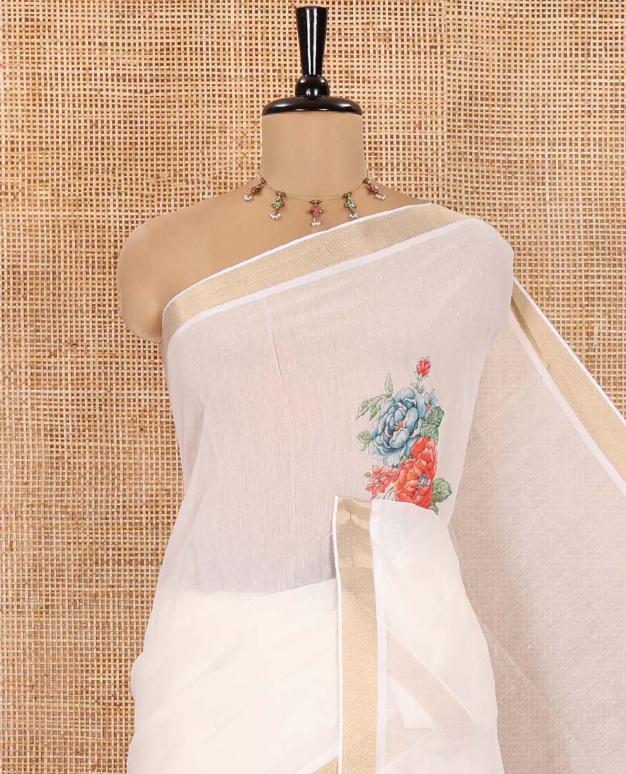 Cream Banaras Tissue Saree, Enthralled with Floral Motifs Printed on Its Body, Subtly Bavanji Border, Pallu Depicts Floral Prints, and Stripes, and Paired with a Matching Blouse - Image 2