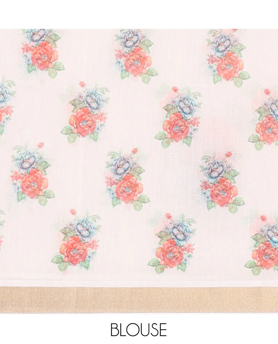 Cream Banaras Tissue Saree, Enthralled with Floral Motifs Printed on Its Body, Subtly Bavanji Border, Pallu Depicts Floral Prints, and Stripes, and Paired with a Matching Blouse - Image 3