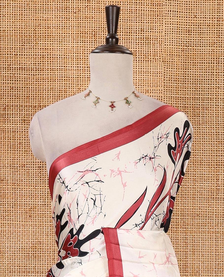Cream-base batik-style floral printed satin crepe saree, contrast onion pink border, printed pallu & contrast floral printed blouse - Image 3