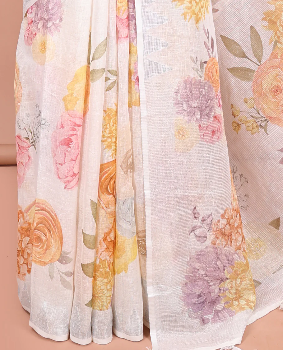 Cream-Base Linen Saree, Adorned with Floral-Themed Paint Splashes Printed All Over Its Body, Sparsely Woven Temple Border, and Paired with a Matching Blouse - Image 3