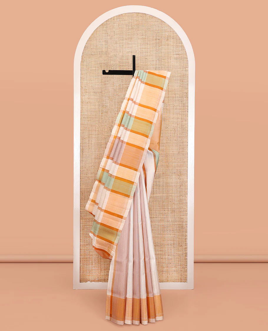 Cream-Base Mayuri Soft Silk Saree, Delicately Woven with Multi-Color Stripes on Its Body, Complemented by a Sparse Pallu of Thazampoo Rekku Designs, and Paired with a Matching Blouse