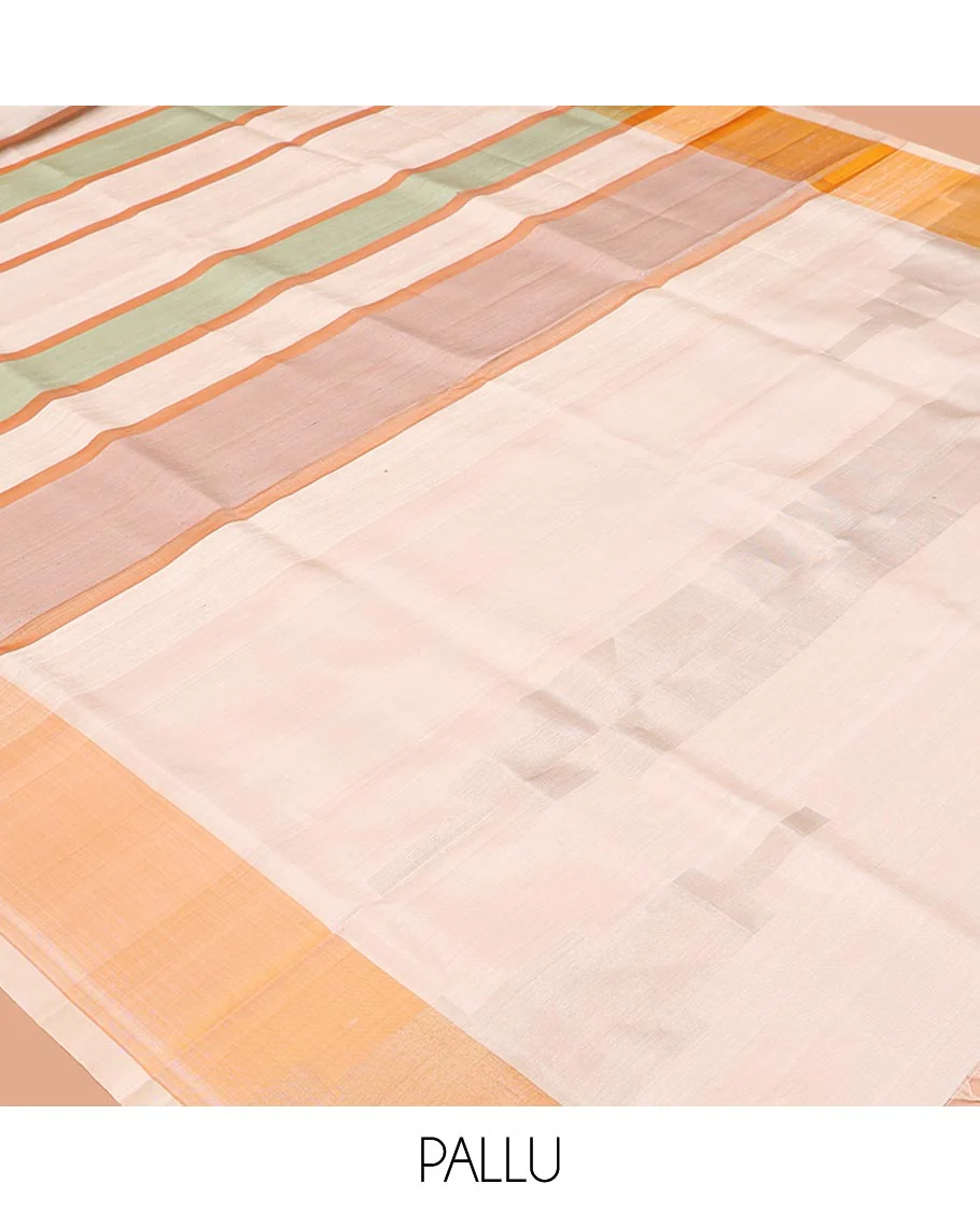 Cream-Base Mayuri Soft Silk Saree, Delicately Woven with Multi-Color Stripes on Its Body, Complemented by a Sparse Pallu of Thazampoo Rekku Designs, and Paired with a Matching Blouse - Image 5