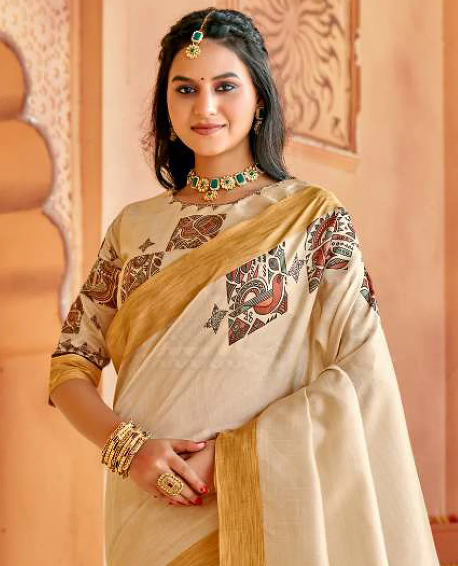 Cream bird motifs designer catalog saree, bavanji border, and pallu of bird motifs - Image 2