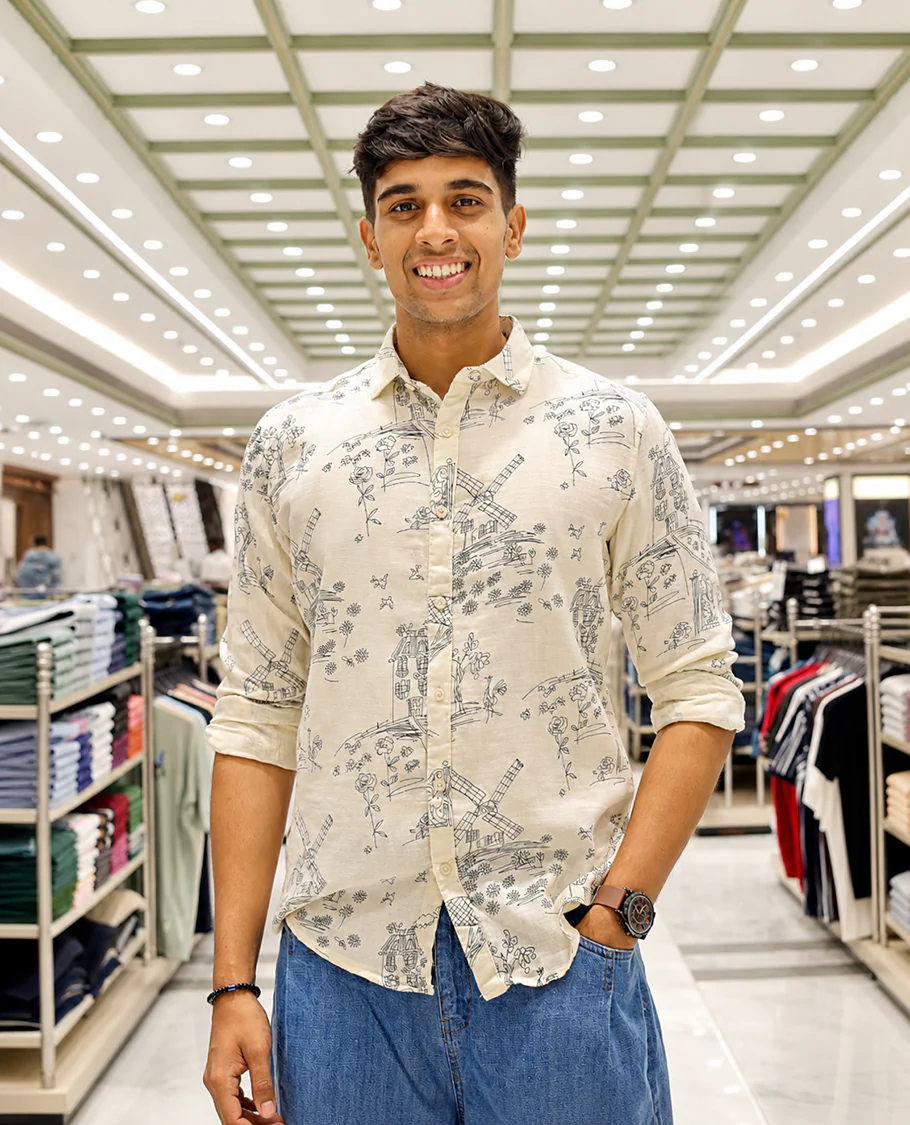 Cream-Black Cotton-Blended Casual Shirt, with Flora and Windmill Prints, Featuring a Spread Collar, Full Sleeves, Slim Fit, and Regular Length - Image 2