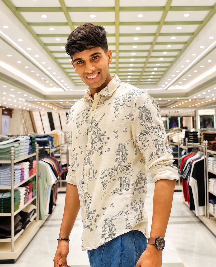 Cream-Black Cotton-Blended Casual Shirt, with Flora and Windmill Prints, Featuring a Spread Collar, Full Sleeves, Slim Fit, and Regular Length - Image 3