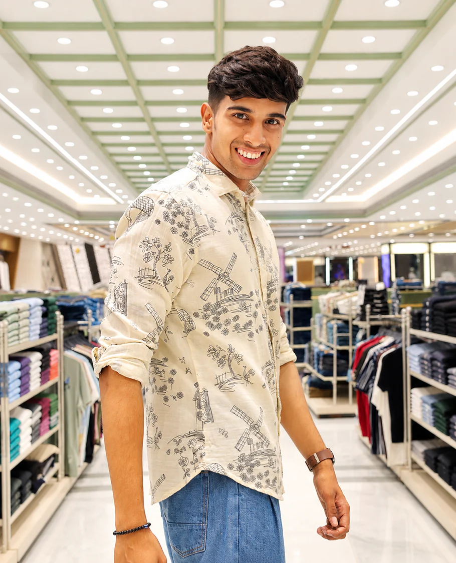 Cream-Black Cotton-Blended Casual Shirt, with Flora and Windmill Prints, Featuring a Spread Collar, Full Sleeves, Slim Fit, and Regular Length - Image 4