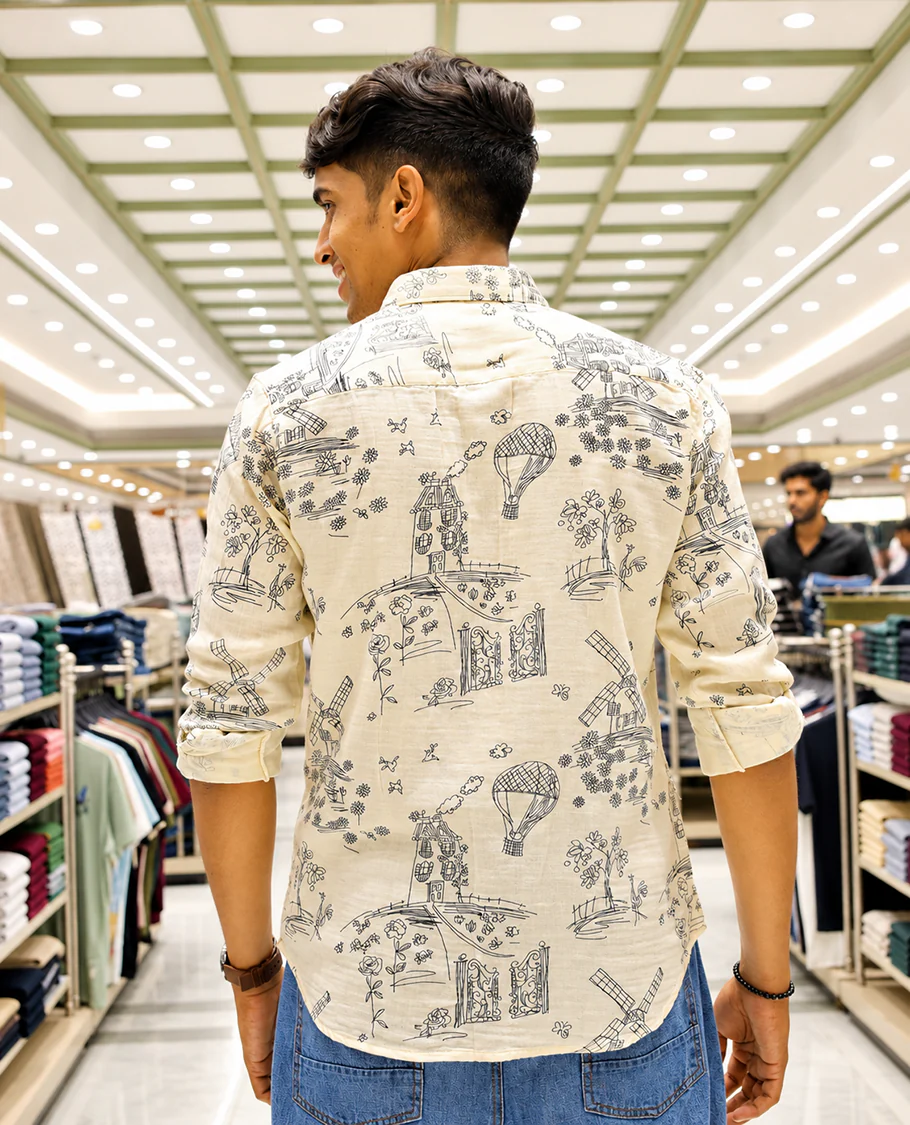 Cream-Black Cotton-Blended Casual Shirt, with Flora and Windmill Prints, Featuring a Spread Collar, Full Sleeves, Slim Fit, and Regular Length - Image 5
