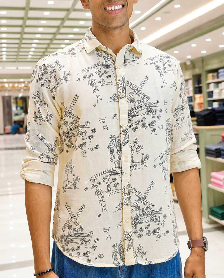 Cream-Black Cotton-Blended Casual Shirt, with Flora and Windmill Prints, Featuring a Spread Collar, Full Sleeves, Slim Fit, and Regular Length - Image 6