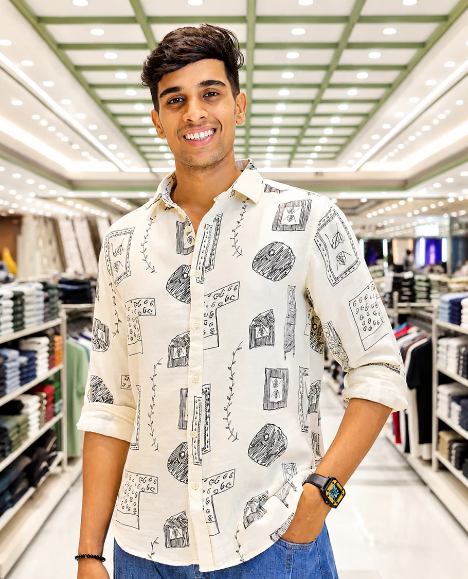 Cream-Black Cotton-Blended Casual Shirt, with Unique Motif Prints, Featuring a Spread Collar, Full Sleeves, Slim Fit, and Regular Length