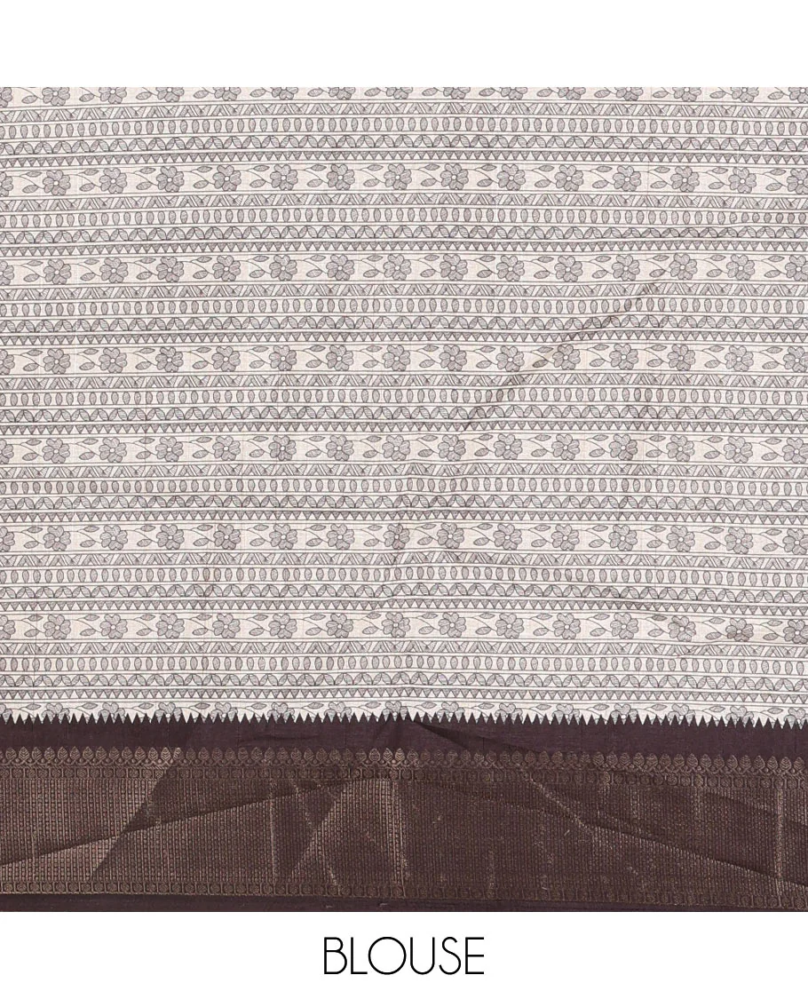 Cream-black flora, fauna, and geometric madhubani printed soft tussar saree, contrast zari border, peacock print pallu, and printed blouse - Image 4