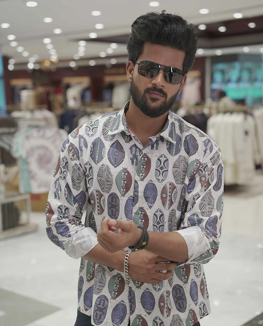Cream-Blue Cotton-Blended Casual Shirt, Detailed with Surfing Board Motifs Print, Comes with a Spread Collar, Full-Sleeves, Slim Fit, and Regular Length