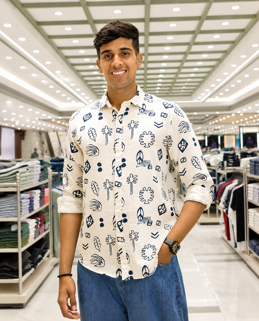 Cream-Blue Cotton-Blended Casual Shirt, Uniquely Printed with Tropical Flora-Theme Motifs, Featuring a Spread Collar, Full Sleeves, Slim Fit, and Regular Length - Image 2