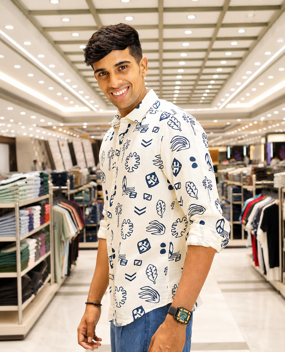 Cream-Blue Cotton-Blended Casual Shirt, Uniquely Printed with Tropical Flora-Theme Motifs, Featuring a Spread Collar, Full Sleeves, Slim Fit, and Regular Length - Image 3