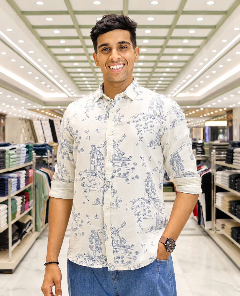 Cream-Blue Cotton-Blended Casual Shirt, with Flora and Windmill Prints, Featuring a Spread Collar, Full Sleeves, Slim Fit, and Regular Length - Image 2