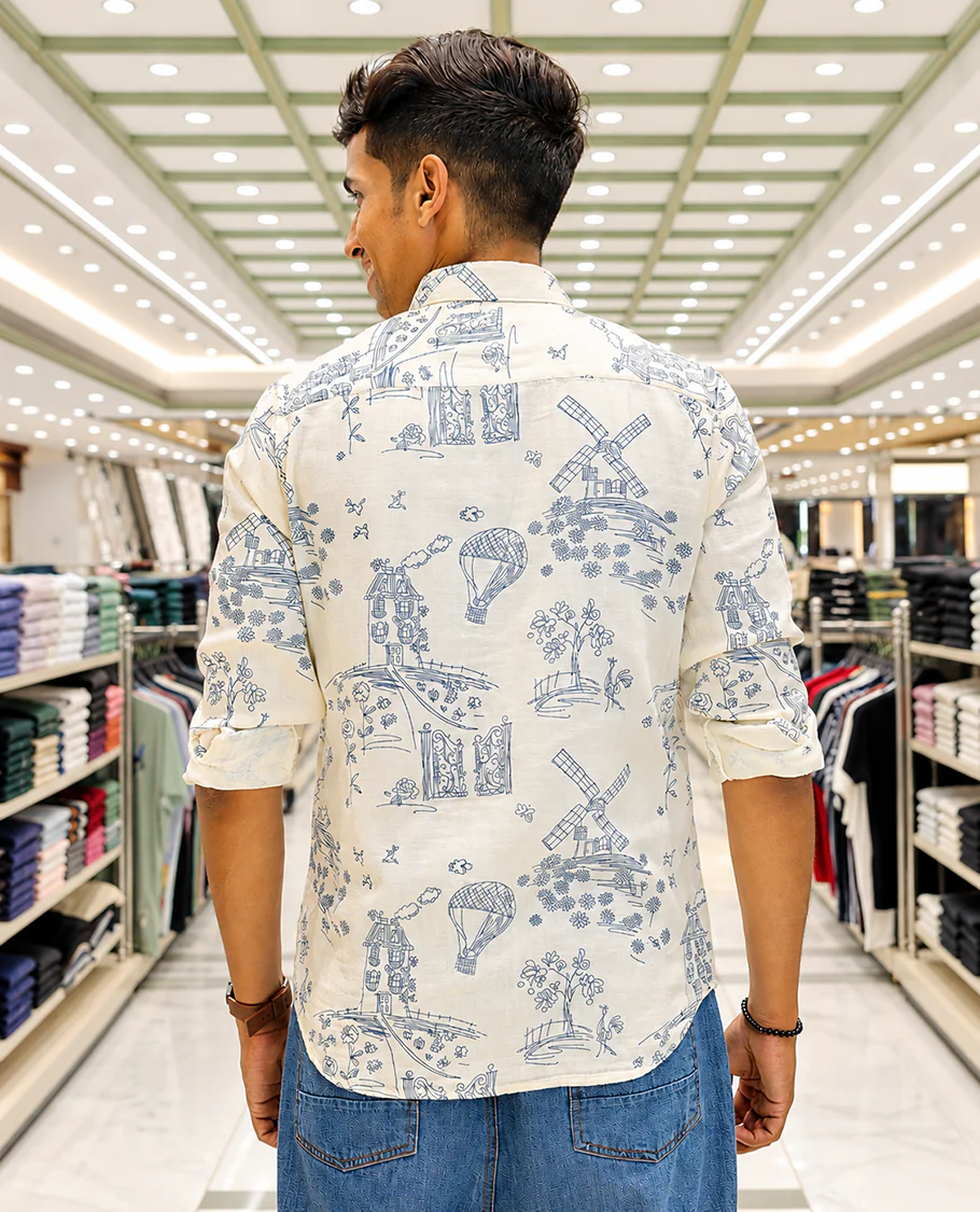 Cream-Blue Cotton-Blended Casual Shirt, with Flora and Windmill Prints, Featuring a Spread Collar, Full Sleeves, Slim Fit, and Regular Length - Image 5