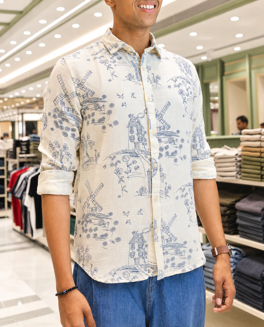 Cream-Blue Cotton-Blended Casual Shirt, with Flora and Windmill Prints, Featuring a Spread Collar, Full Sleeves, Slim Fit, and Regular Length - Image 6