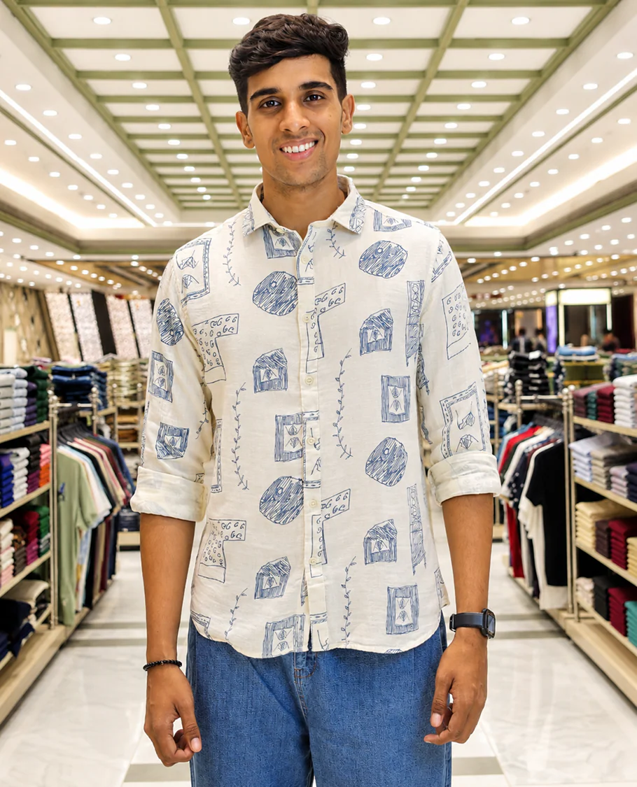Cream-Blue Cotton-Blended Casual Shirt, with Unique Motif Prints, Featuring a Spread Collar, Full Sleeves, Slim Fit, and Regular Length - Image 2