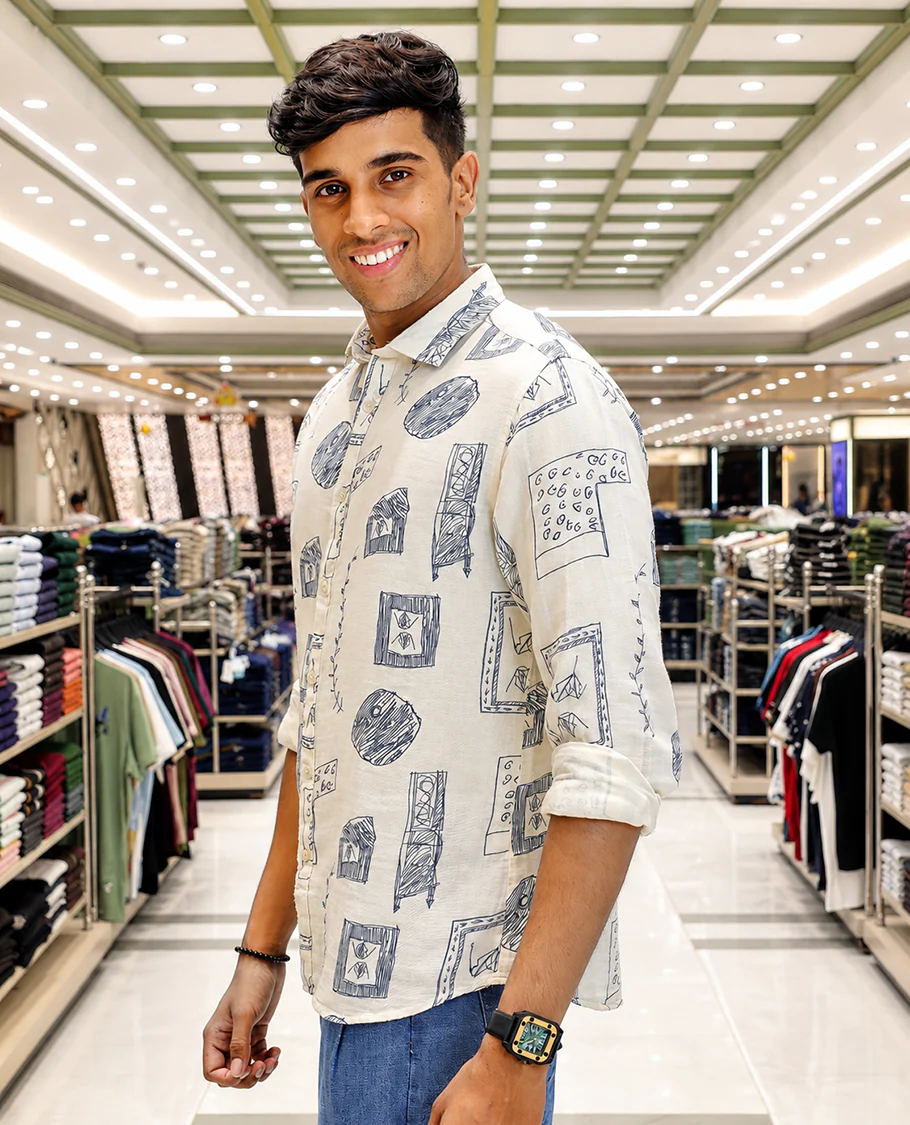 Cream-Blue Cotton-Blended Casual Shirt, with Unique Motif Prints, Featuring a Spread Collar, Full Sleeves, Slim Fit, and Regular Length - Image 3