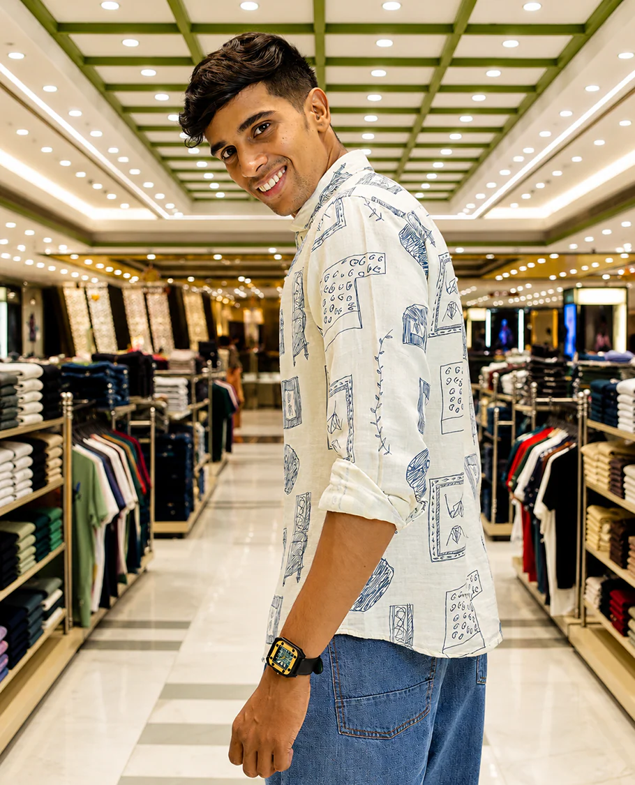Cream-Blue Cotton-Blended Casual Shirt, with Unique Motif Prints, Featuring a Spread Collar, Full Sleeves, Slim Fit, and Regular Length - Image 4