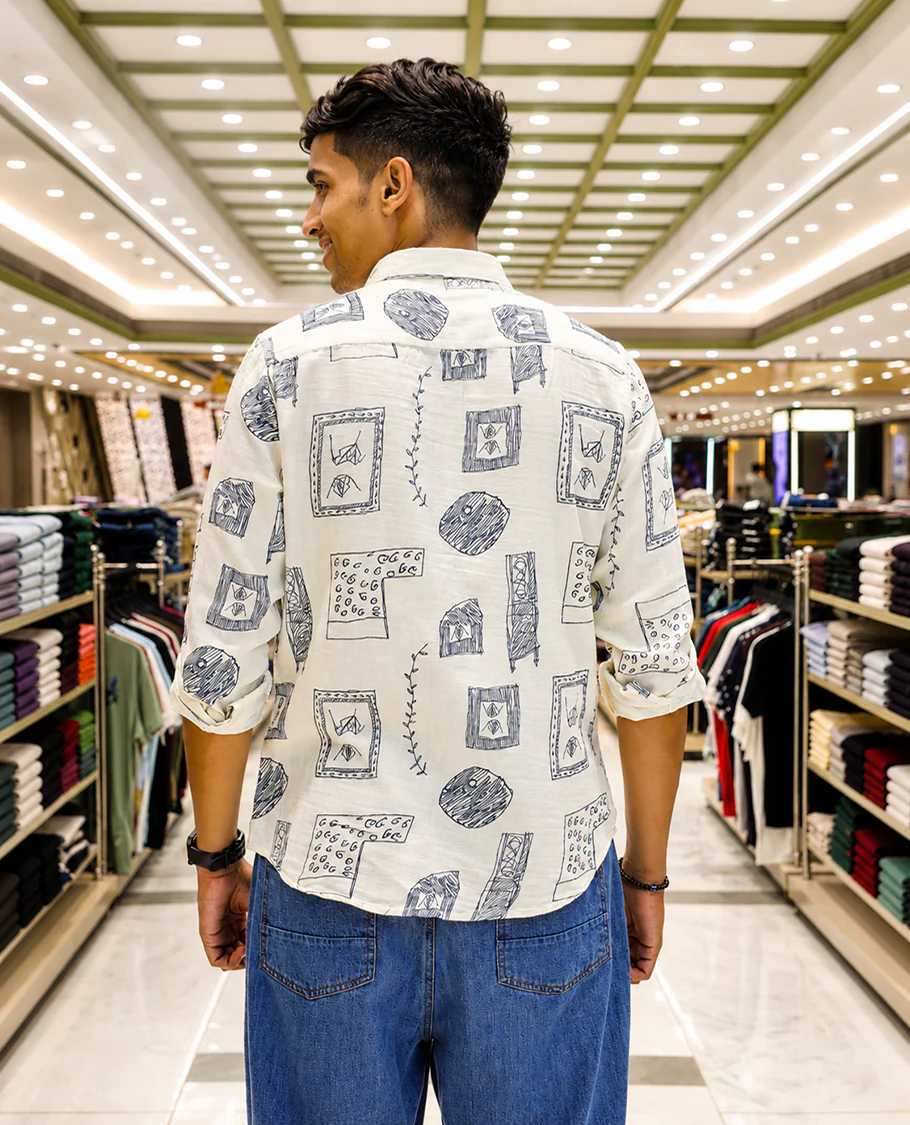 Cream-Blue Cotton-Blended Casual Shirt, with Unique Motif Prints, Featuring a Spread Collar, Full Sleeves, Slim Fit, and Regular Length - Image 5