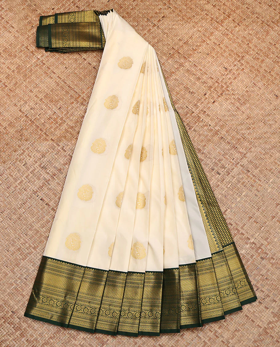Cream Budget Silk Saree, Enthralled with Zari Buttas, Complemented by a Contrast Traditional Zari Border, Pallu of Jaal Designs, and a Contrast Blouse - Image 2