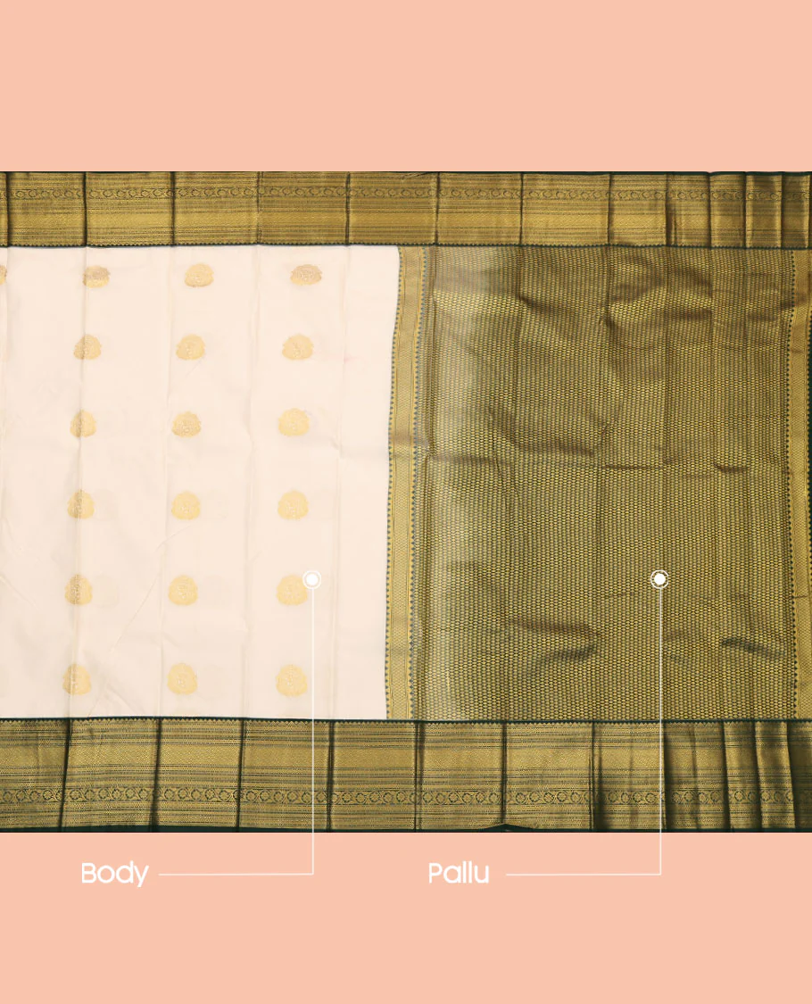 Cream Budget Silk Saree, Enthralled with Zari Buttas, Complemented by a Contrast Traditional Zari Border, Pallu of Jaal Designs, and a Contrast Blouse - Image 3