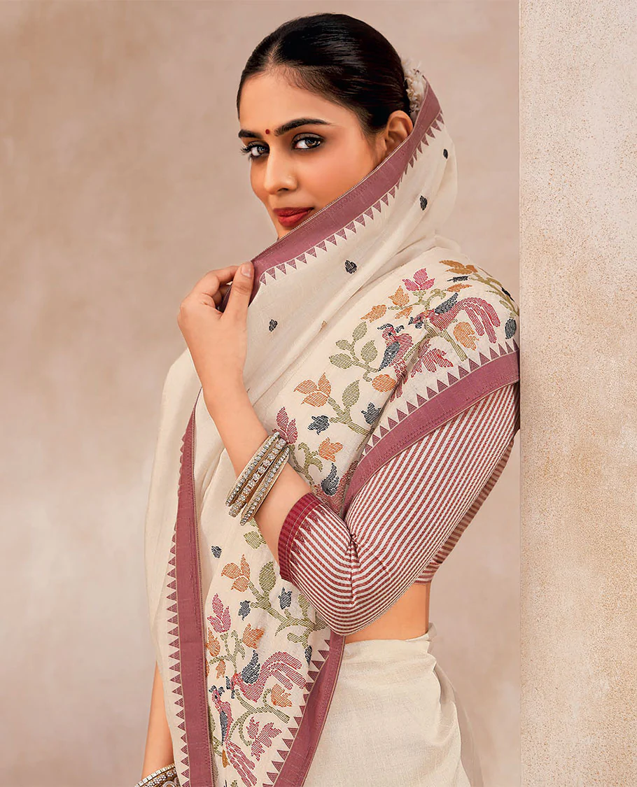 Cream buttas and jamdani floral vine and bird embroidered designer saree, temple border, and striped pallu - Image 2