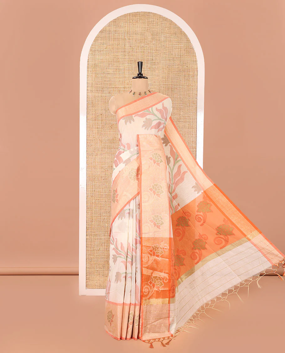 Cream Chanderi Cotton Saree, Elevated with Pochampally-Style Leaf Designs on Its Body, Complemented by a Contrast Border of Rose Floral Designs in Zari, Pallu of Colorful Floral Designs, and Paired with a Contrast Blouse
