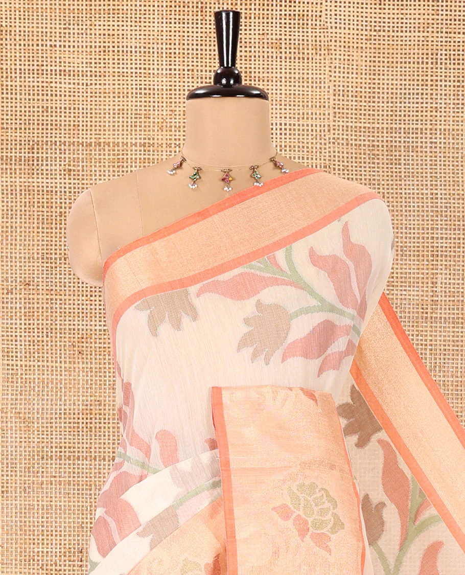 Cream Chanderi Cotton Saree, Elevated with Pochampally-Style Leaf Designs on Its Body, Complemented by a Contrast Border of Rose Floral Designs in Zari, Pallu of Colorful Floral Designs, and Paired with a Contrast Blouse - Image 2