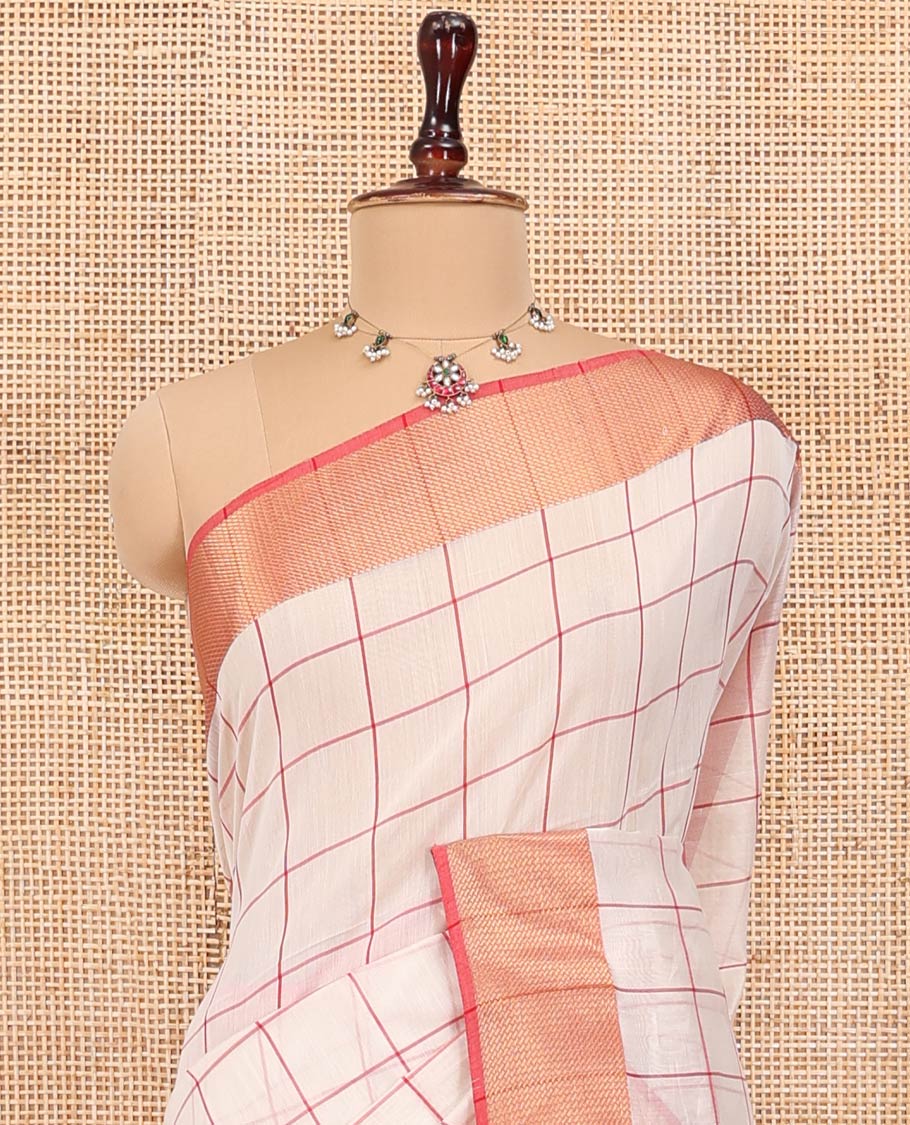 Cream Checked Maheshwari Cotton Saree, Complemented by a Contrast Zari Textured Border, Gleaming Pallu, and Paired with a Contrast Blouse - Image 2