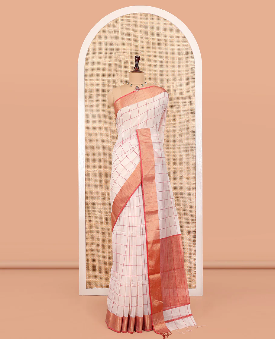 Cream Checked Maheshwari Cotton Saree, Complemented by a Contrast Zari Textured Border, Gleaming Pallu, and Paired with a Contrast Blouse - Image 3