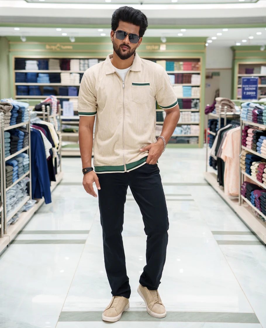 Cream Corduroy Jacket, Featuring Sparse Stripes, a Polo Collar, Half Sleeves, Regular Fit, and Regular Length - Image 2