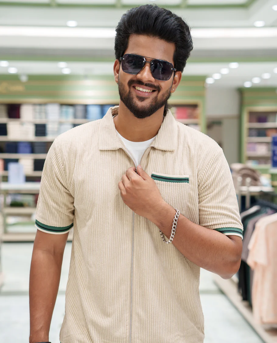 Cream Corduroy Jacket, Featuring Sparse Stripes, a Polo Collar, Half Sleeves, Regular Fit, and Regular Length - Image 3