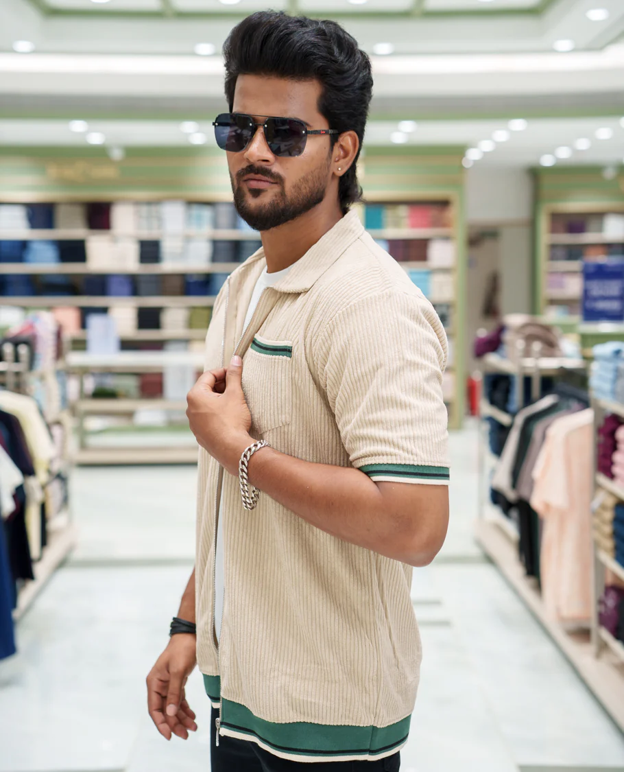 Cream Corduroy Jacket, Featuring Sparse Stripes, a Polo Collar, Half Sleeves, Regular Fit, and Regular Length - Image 4
