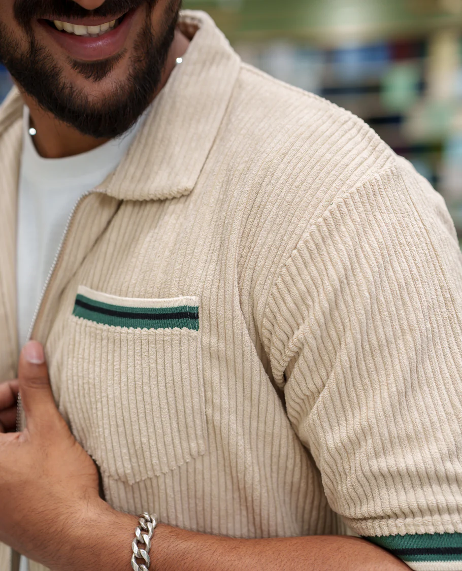 Cream Corduroy Jacket, Featuring Sparse Stripes, a Polo Collar, Half Sleeves, Regular Fit, and Regular Length - Image 6