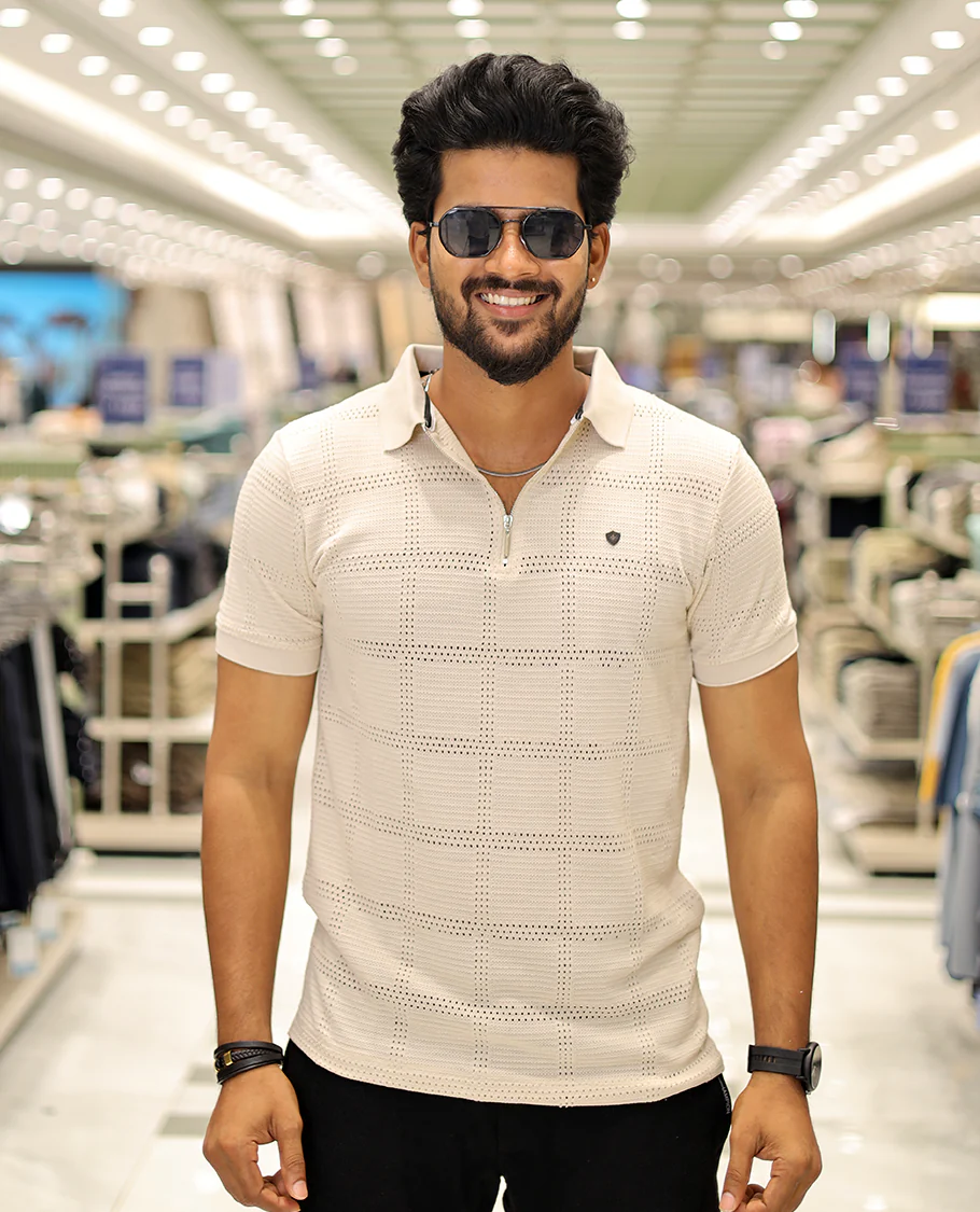 Cream Corduroy T-Shirt Comes with a Checked Texture, a Polo Neck, Half-Sleeves, a Slim Fit, and Regular Length