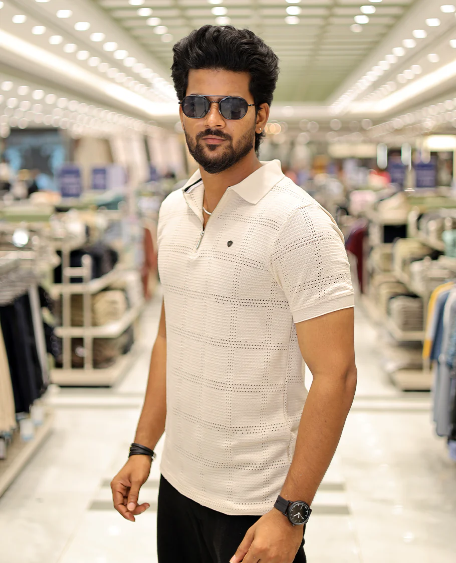 Cream Corduroy T-Shirt Comes with a Checked Texture, a Polo Neck, Half-Sleeves, a Slim Fit, and Regular Length - Image 3