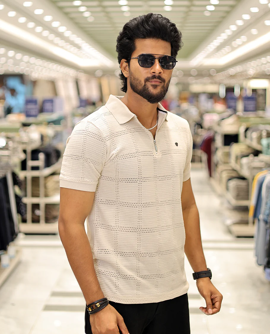 Cream Corduroy T-Shirt Comes with a Checked Texture, a Polo Neck, Half-Sleeves, a Slim Fit, and Regular Length - Image 4