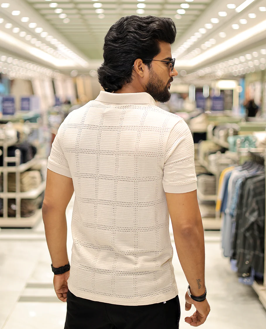 Cream Corduroy T-Shirt Comes with a Checked Texture, a Polo Neck, Half-Sleeves, a Slim Fit, and Regular Length - Image 5