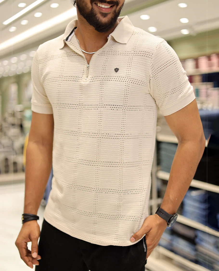 Cream Corduroy T-Shirt Comes with a Checked Texture, a Polo Neck, Half-Sleeves, a Slim Fit, and Regular Length - Image 6