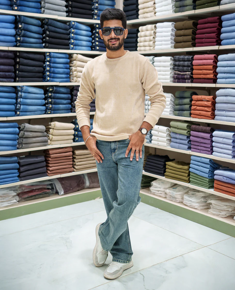 Cream Corduroy T-Shirt, Comes with Geometric Textures, a Crew-Neck, Full Sleeves, Slim Fit, and Regular Length - Image 2